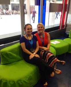 Students Tabby Wilson and Emily Griffin sit on the set of the BBC's &quot;One Show&quot;