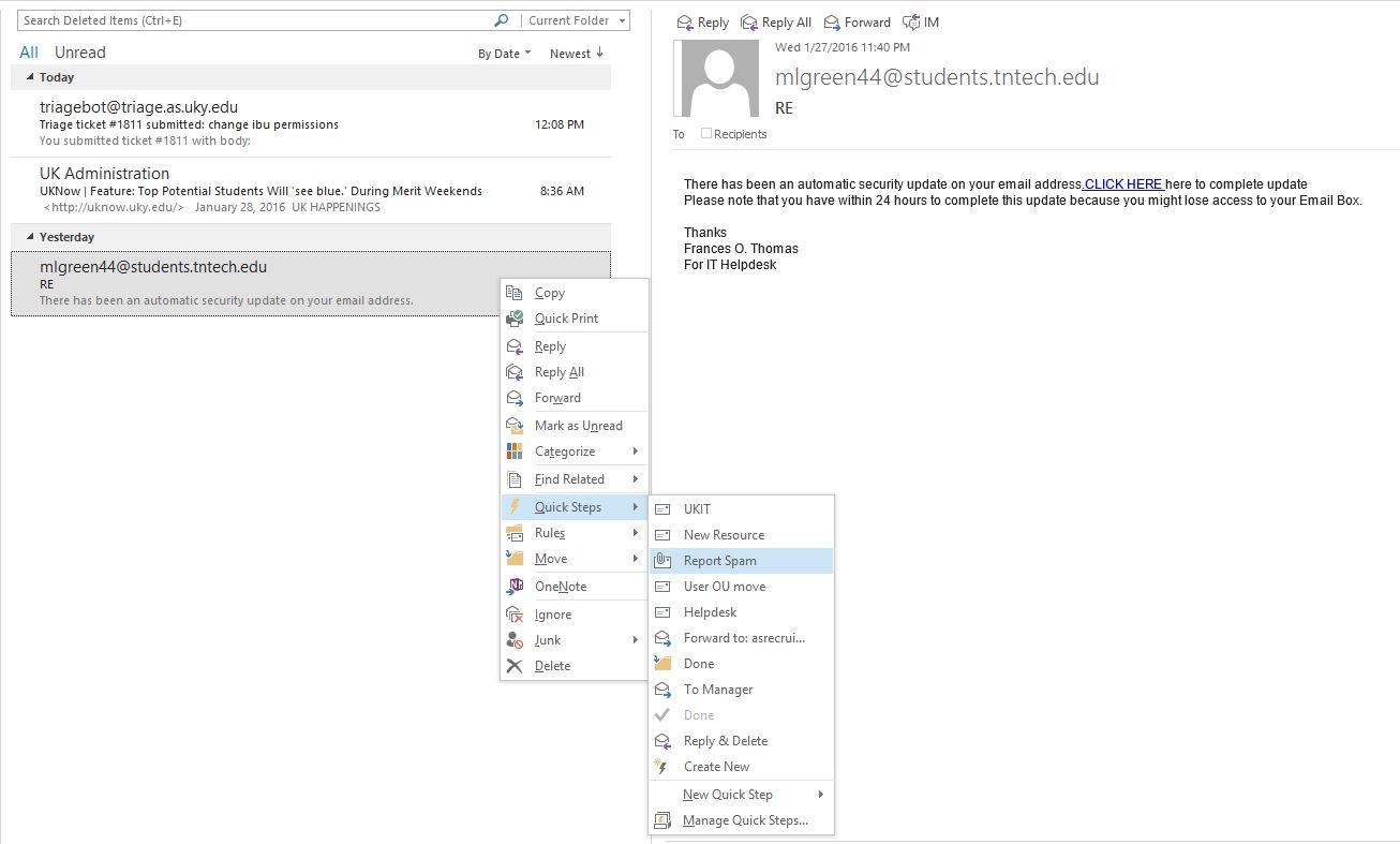 Create An Outlook Quick Step To Report Spam University Of Kentucky