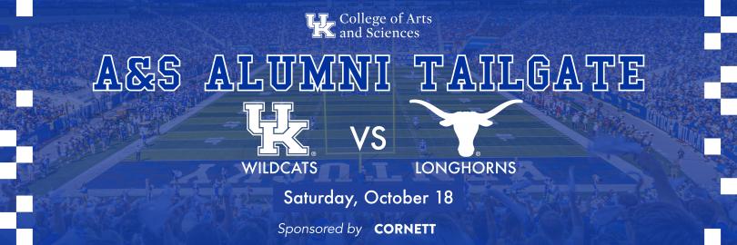 Blue graphic for A&S alumni tailgate with UK Wildcats logo vs Texas Longhorns Logo