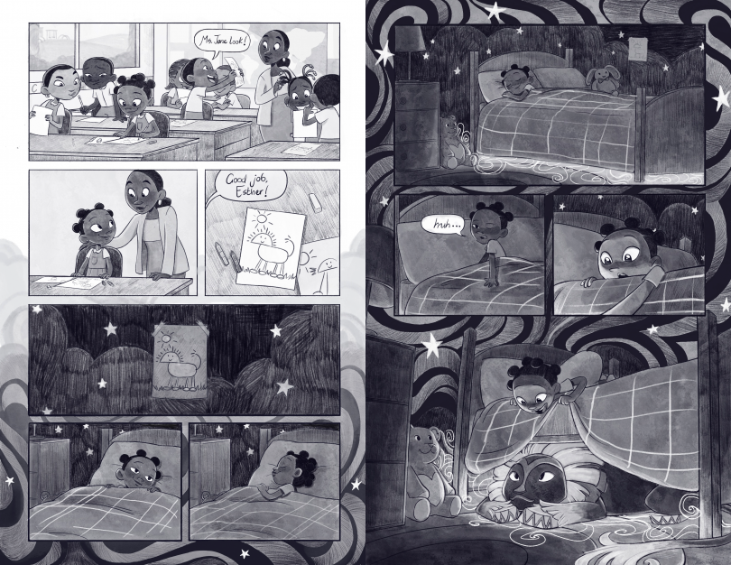 A black-and-white comic page shows a young girl in a classroom, focused on her drawing while other students interact with the teacher. The teacher, smiling warmly, compliments the girl, saying, “Good job, Esther!” The girl’s drawing of a cheerful, cartoonish animal under the sun is proudly shown. Later, the drawing is taped above her bed as she falls asleep, surrounded by a dreamy, starry night sky. A continuation of the black-and-white comic page shows the girl sleeping peacefully in her bed, the starry night and swirling dream patterns filling the room. She wakes up, sensing something unusual, and peers under her blanket. Under the bed, she finds a large, whimsical creature with a lion-like face, looking back at her with kind, curious eyes.