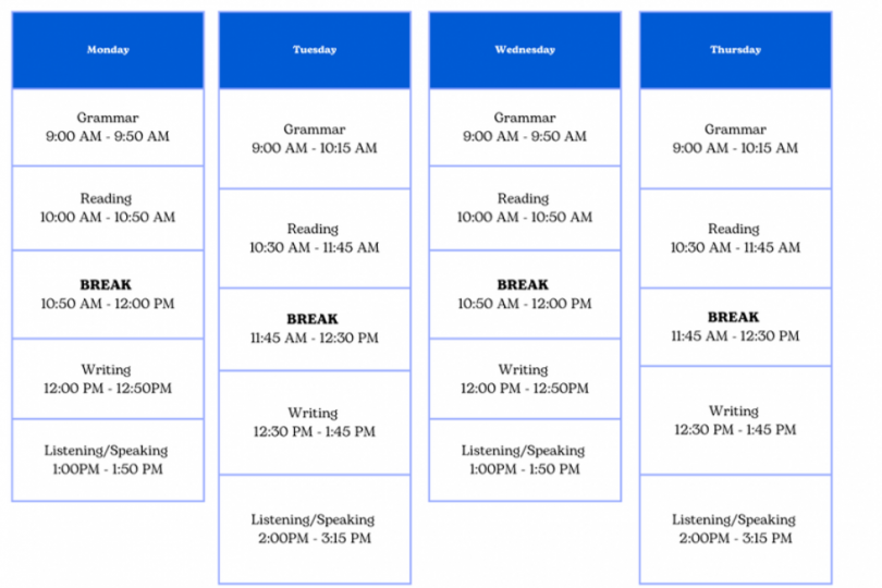 IEP Schedule showing Monday through Thursday class times for each of the four classes.
