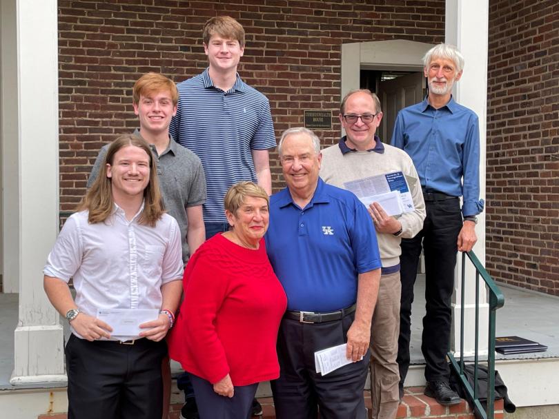 Group photo of Jim and Mary Eaves, Alberto Corso, Uwe Nagel, and recipients of the 2022-23 J.C. Eaves Scholarship at the University of Kentucky.